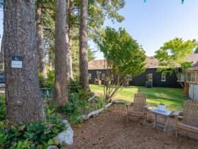 photo shows a tree next to a bandon camping area behind an oregon coast motel that is painted black. the camp area has wood chip ground and features two tan chairs and a small table, as well as green foliage along the base of the trees