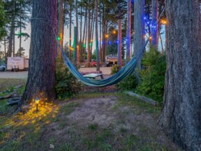 photo of a colorful hammock hanging between two tent camping sites in bandon oregon