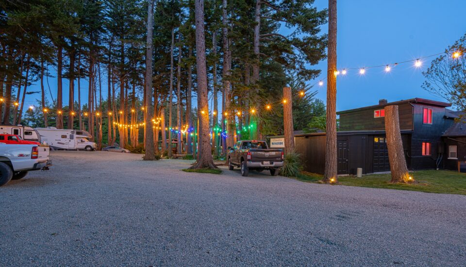 photo features a bandon oregon rv park with packed gravel pads, warm white lights strung between tall trees, and a gender-neutral bathroom